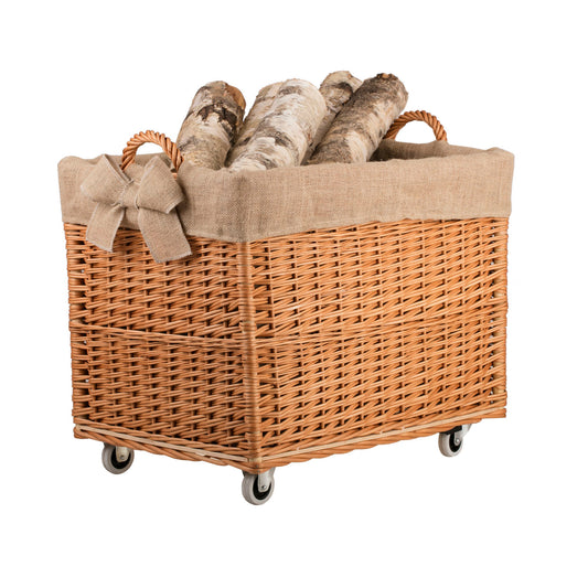 Salux wicker firewood basket with jute lining and wheels TheWickerStories