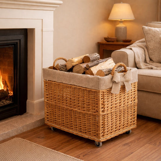 wicker firewood basket with jute lining and wheels