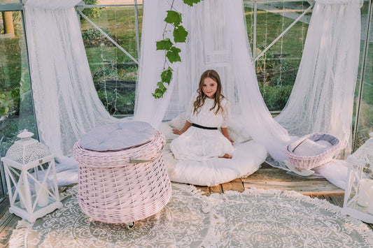 Vinca wicker toy chest for the kids' room with pink trim and wheels TheWickerStories