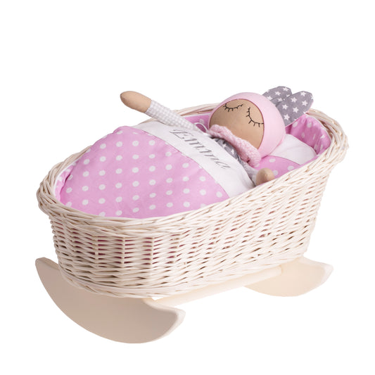 Mimi cuna de mimbre para muñecas con personalización, forro rosa, almohada y edredón