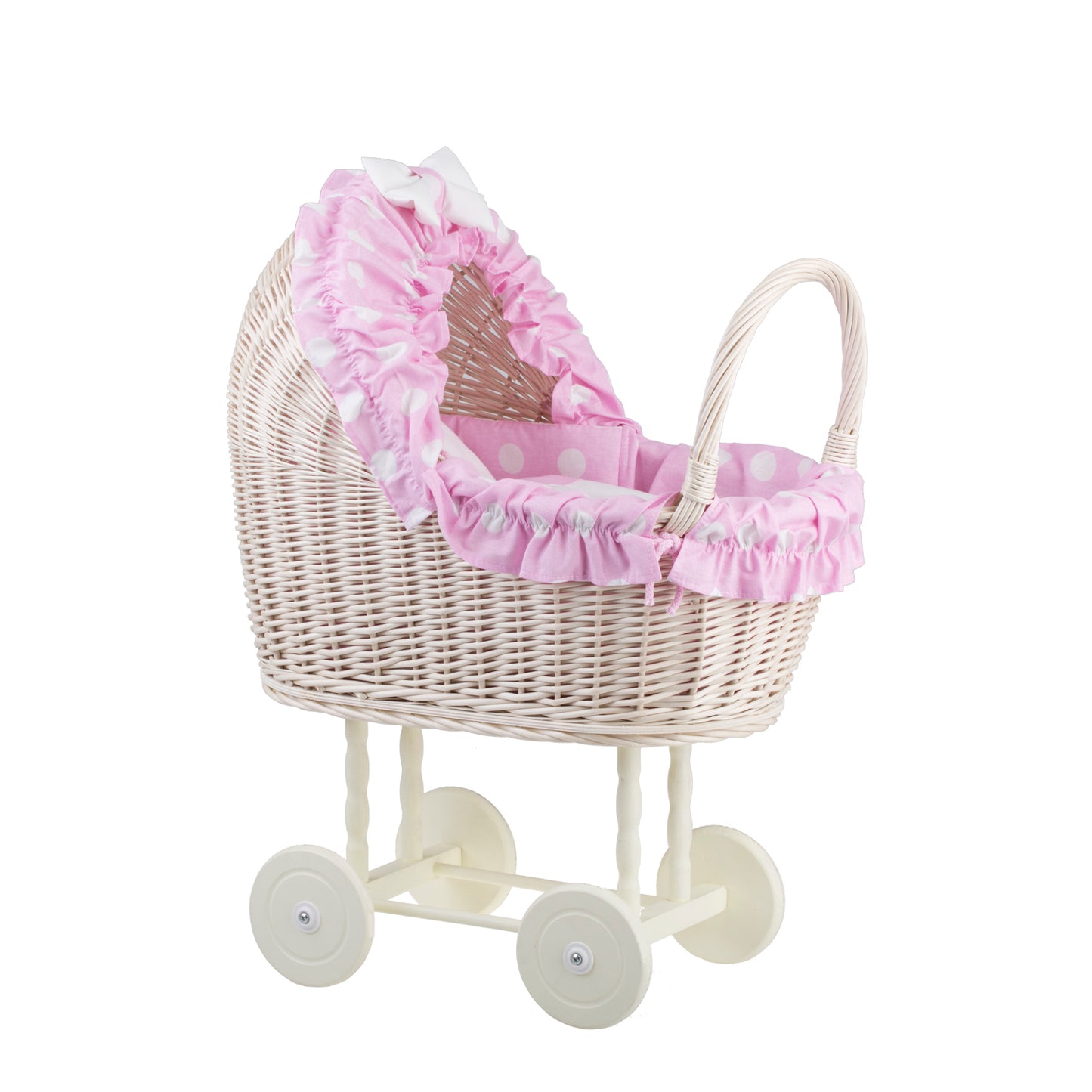 Lulu carrinho de vime para bonecas com acabamento rosa, cobertor e almofada