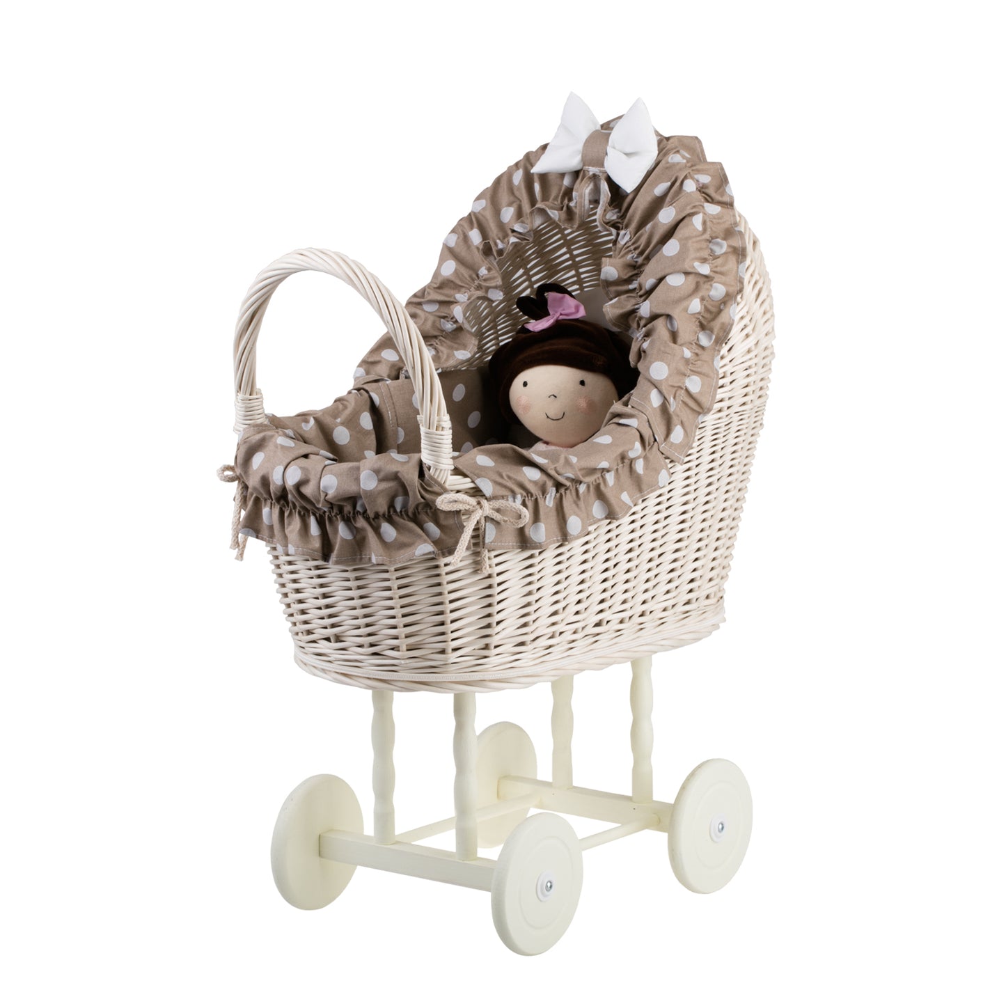 Lulu wicker doll stroller with beige trim, blanket, and pillow