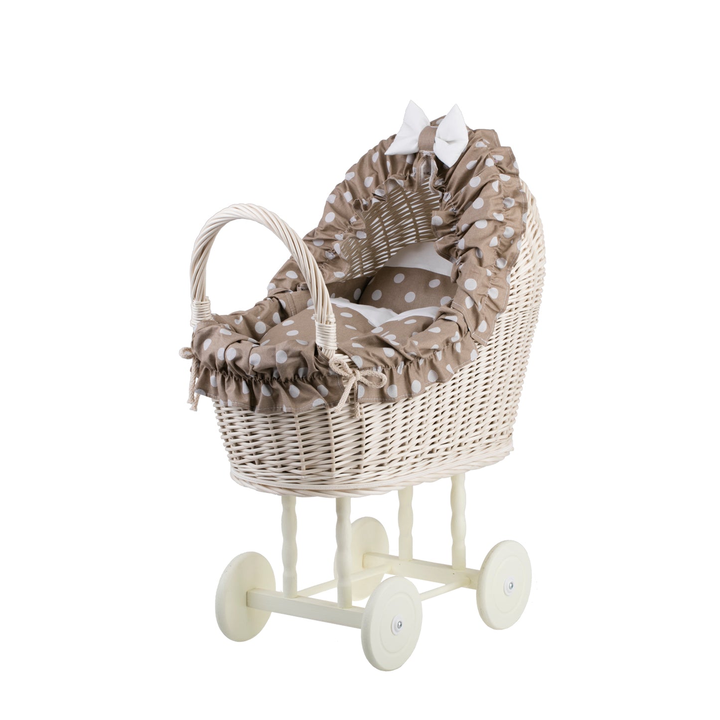 Lulu wicker doll stroller with beige trim, blanket, and pillow