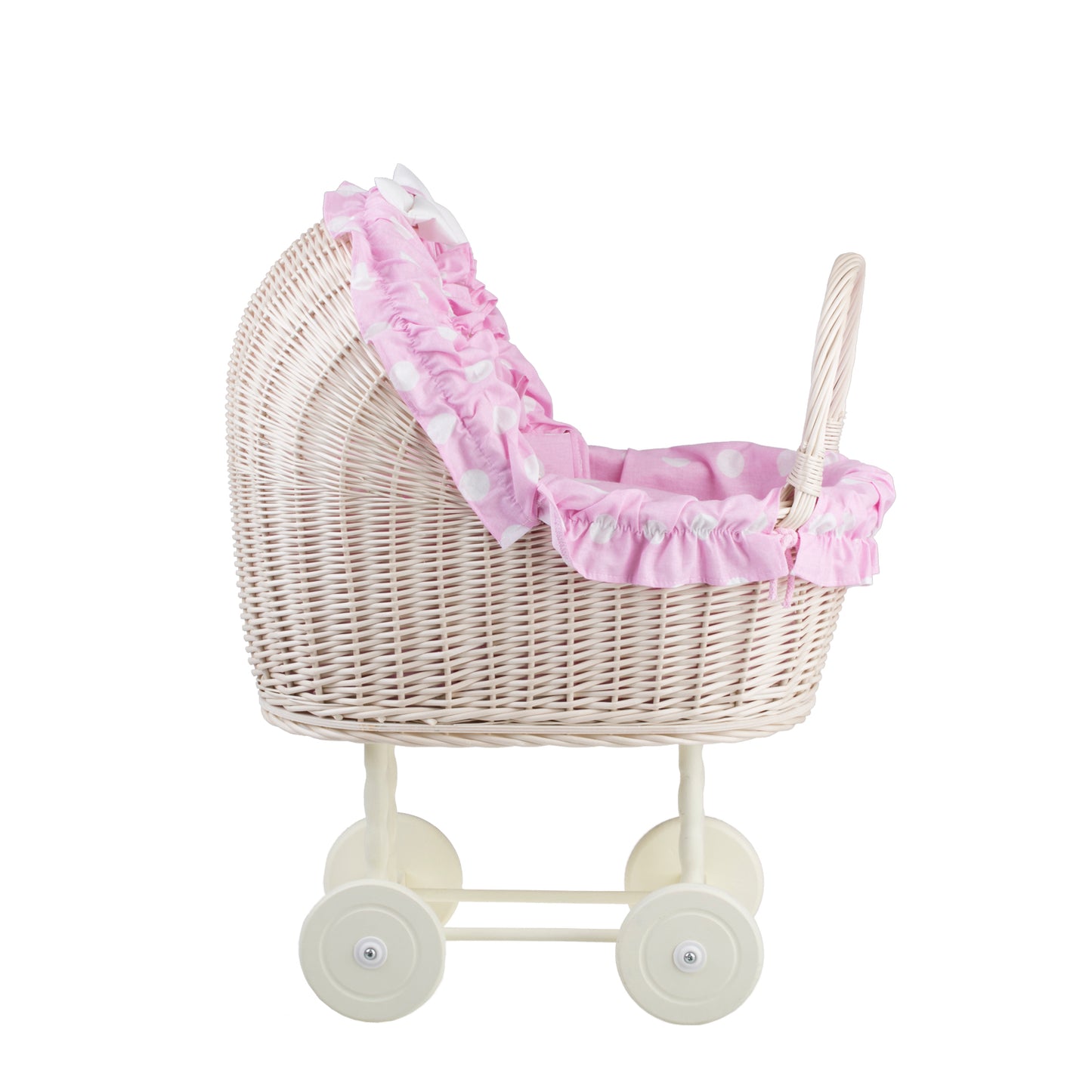 Lulu carrinho de vime para bonecas com acabamento rosa, cobertor e almofada