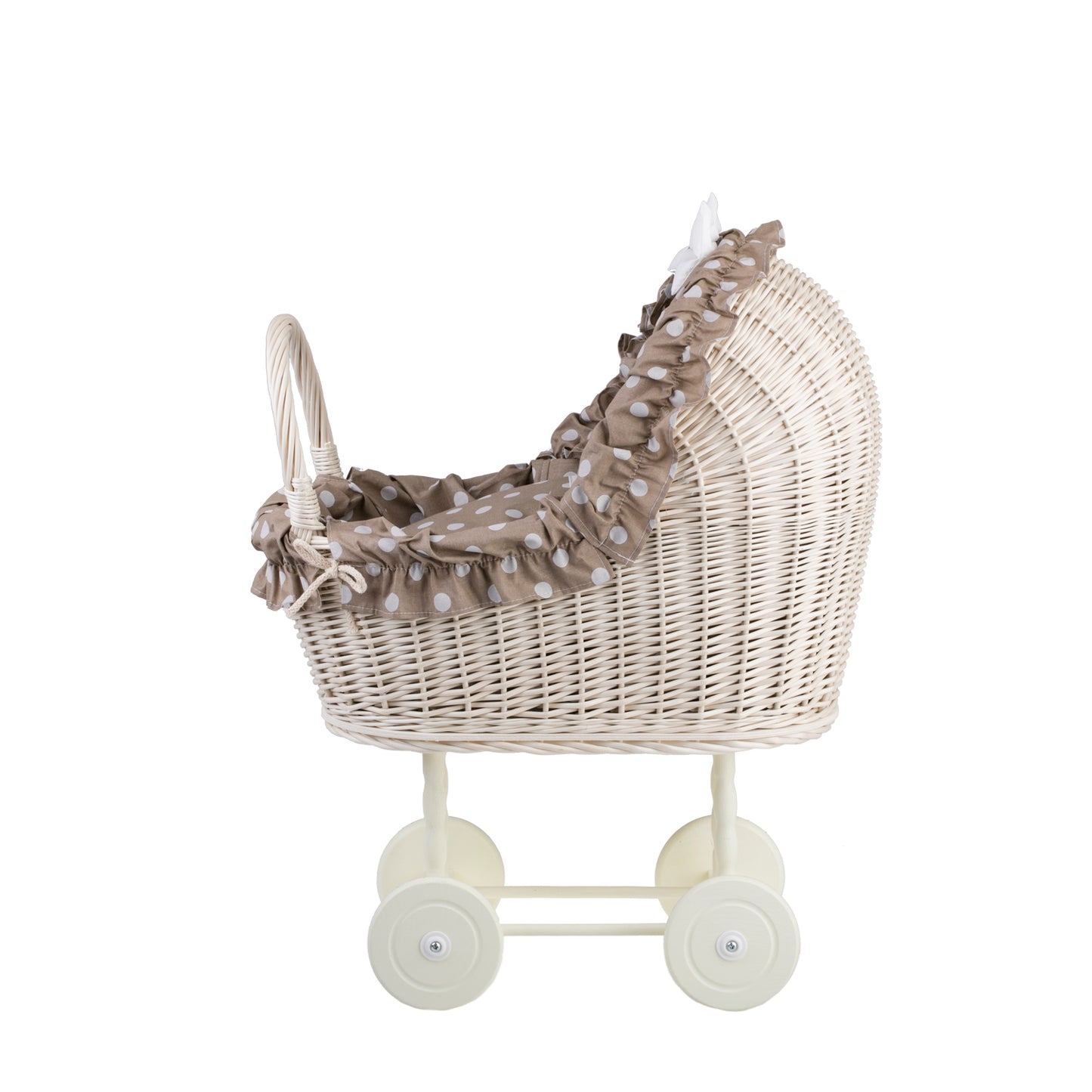 Lulu wicker doll stroller with beige trim, blanket, and pillow