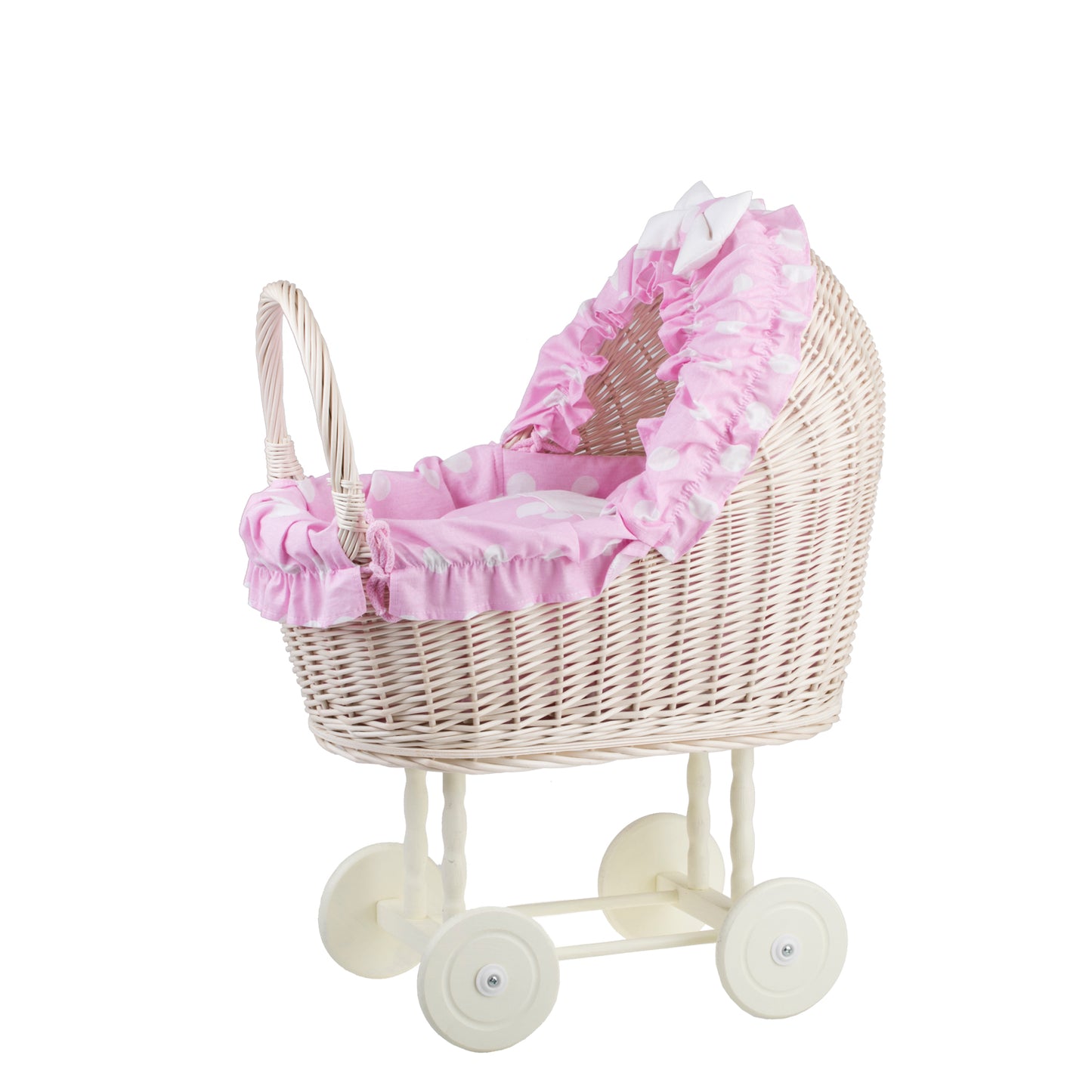 Lulu carrinho de vime para bonecas com acabamento rosa, cobertor e almofada