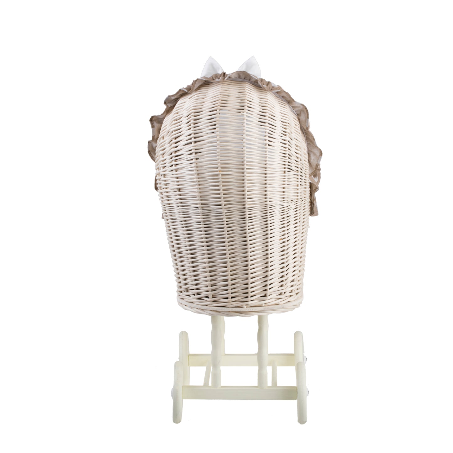 Lulu wicker doll stroller with beige trim, blanket, and pillow