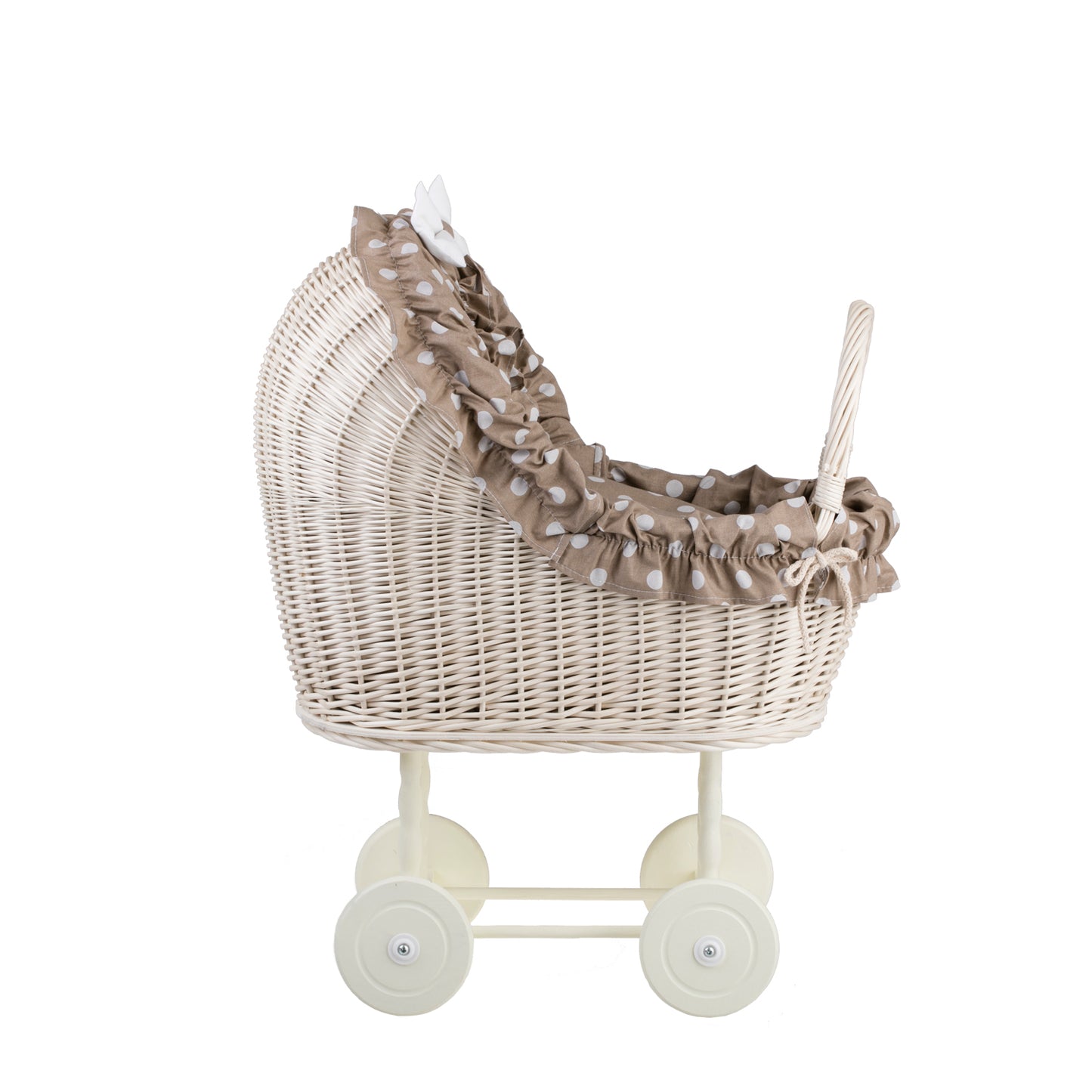 Lulu wicker doll stroller with beige trim, blanket, and pillow
