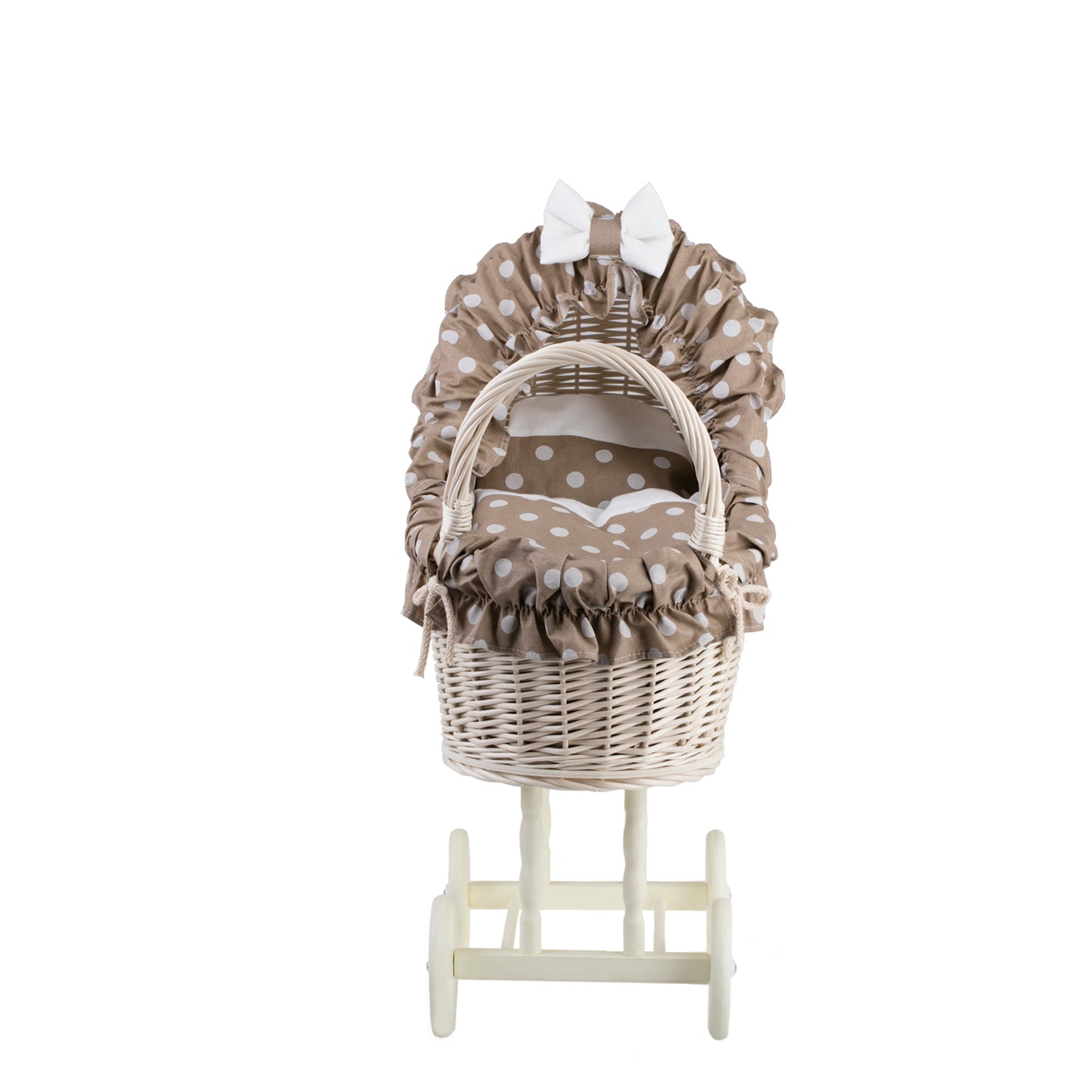 Lulu prútený kočík pre bábiky s béžovým lemovaním, prikrývkou a vankúšikom TheWickerStories