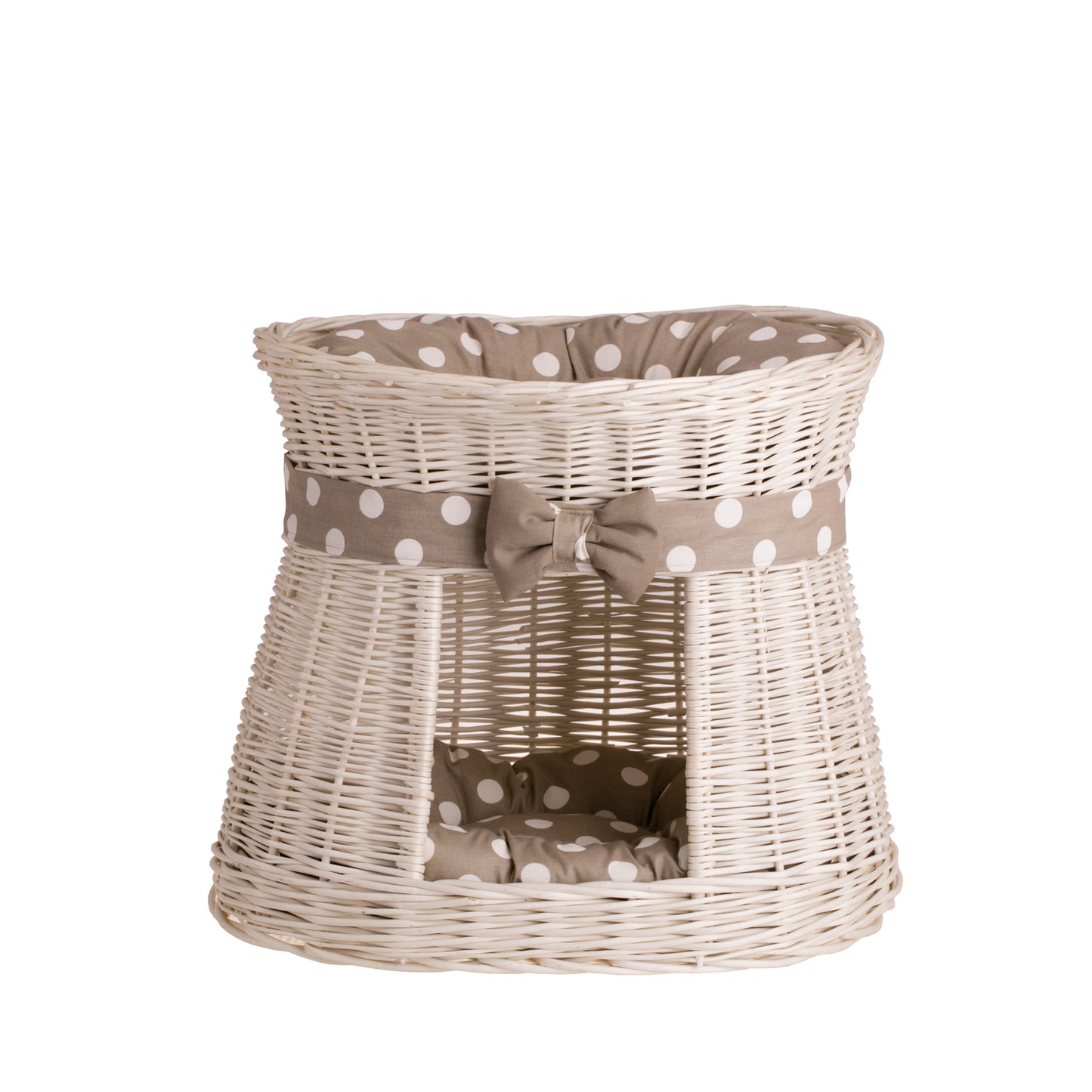 Erif rieten kattenhuis met beige kussens, twee verdiepingen, met strik
