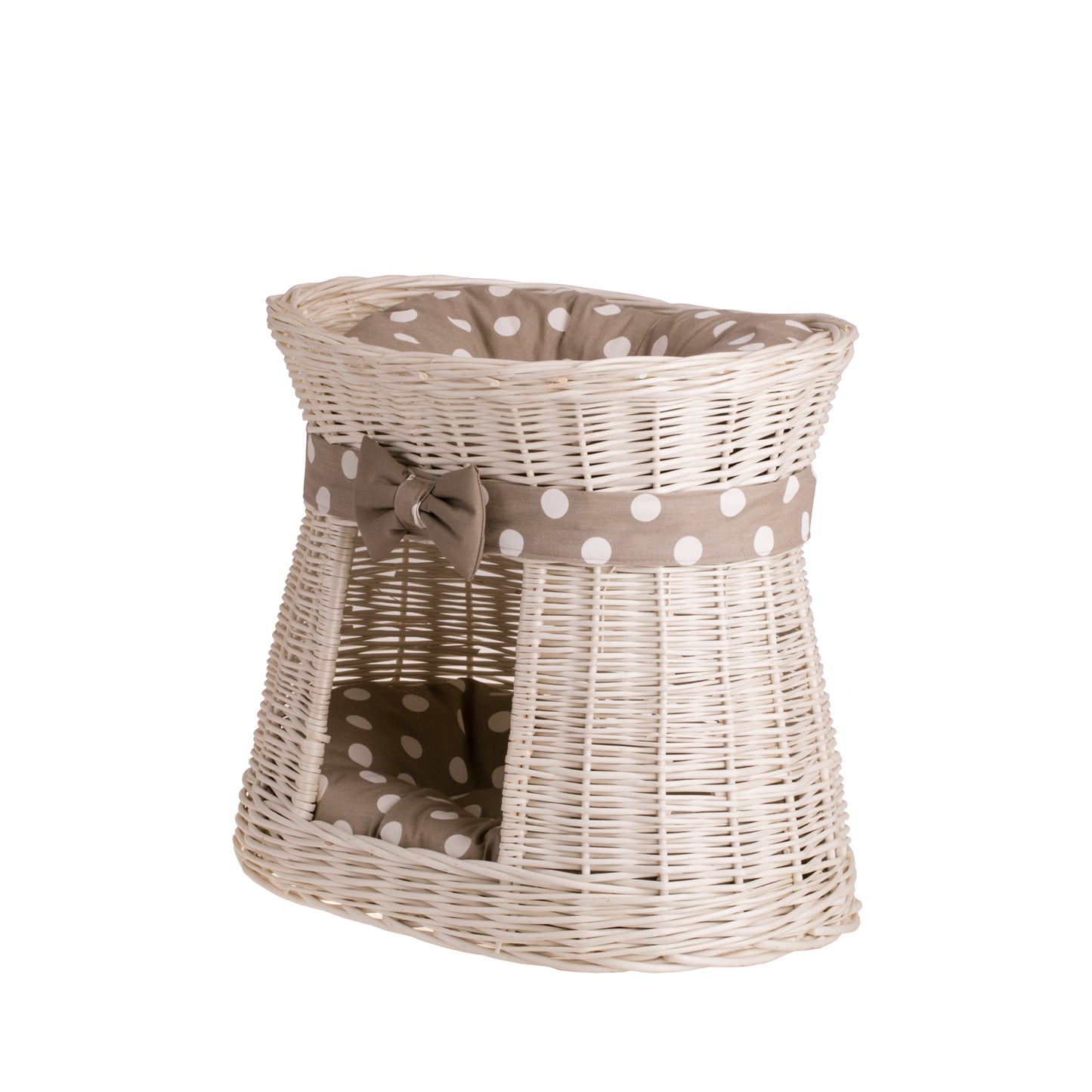Erif rieten kattenhuis met beige kussens, twee verdiepingen, met strik