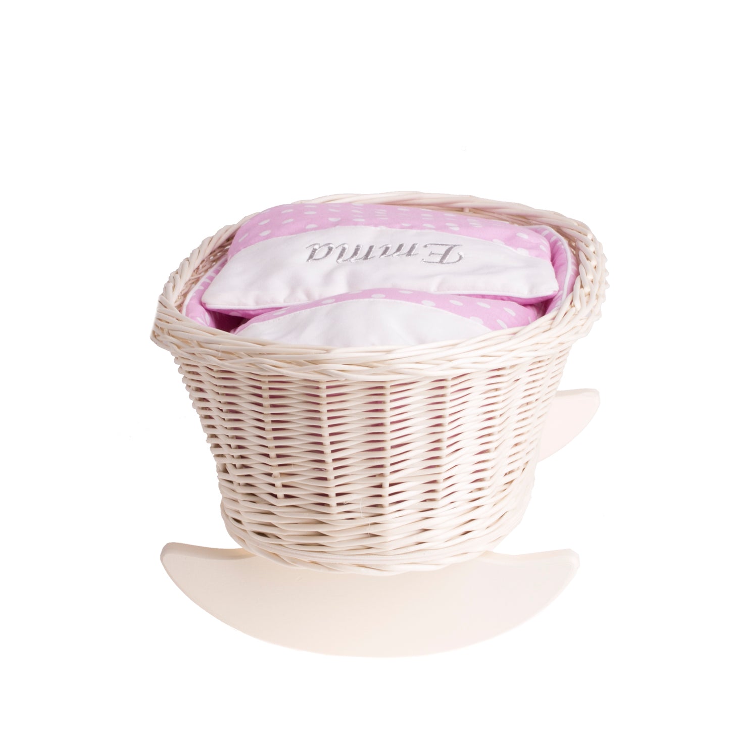 Mimi proutěná kolébka pro panenky s personalizací, růžovým potahem, polštářkem a přikrývkou TheWickerStories