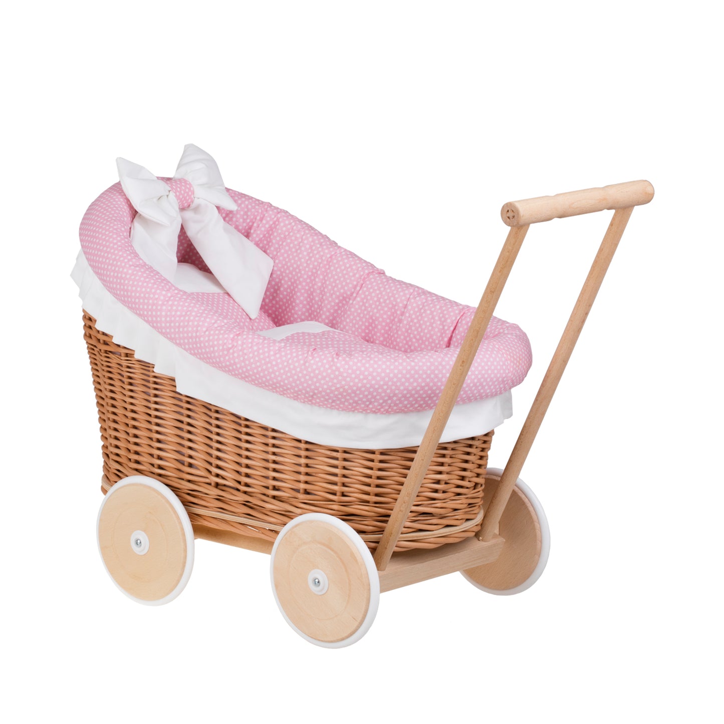 Luna wicker doll stroller with pink trim, blanket, and pillow
