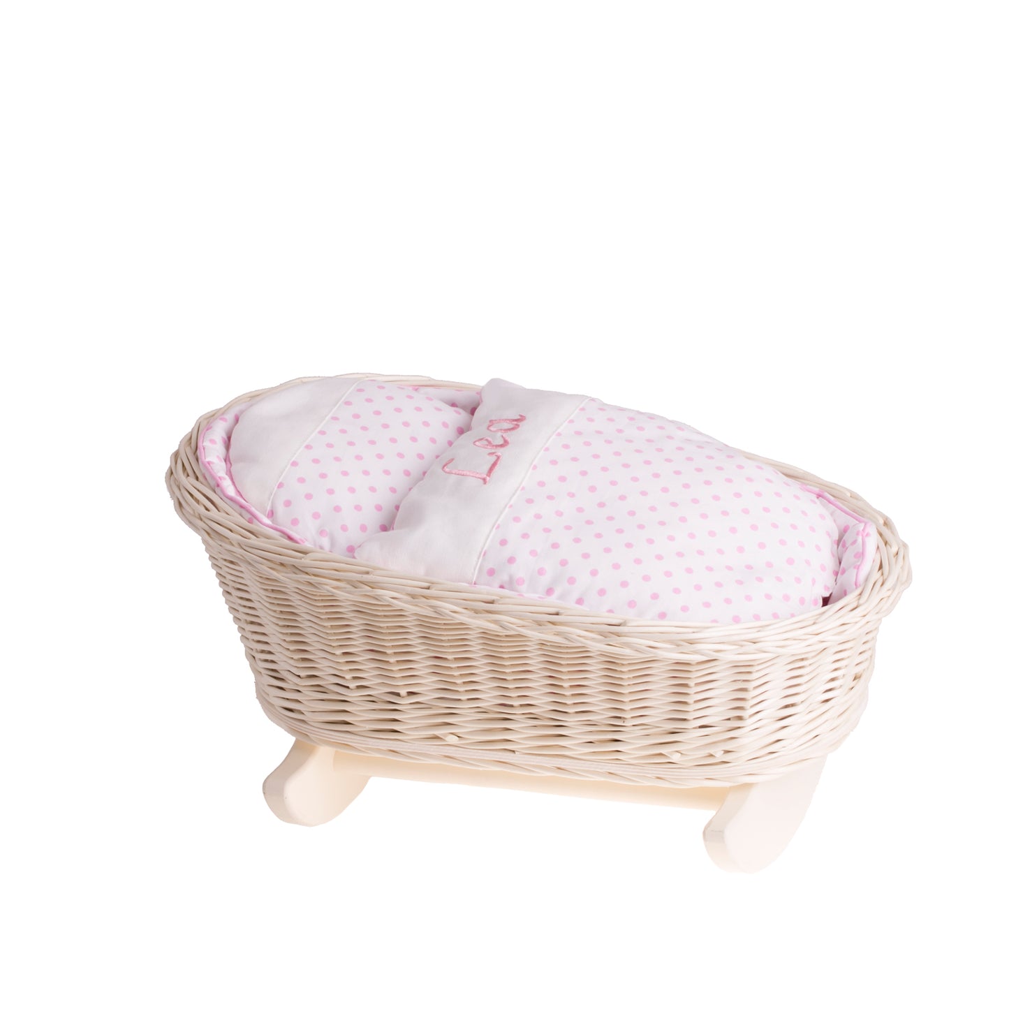 Mimi pletena zibelka za punčke s personalizacijo, roza podloga, blazina in odeja