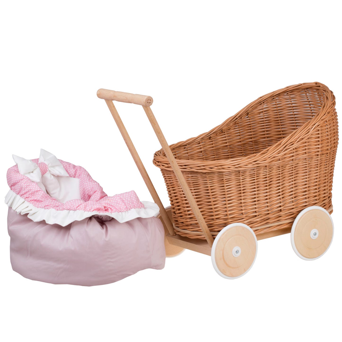 Luna wicker doll stroller with pink trim, blanket, and pillow