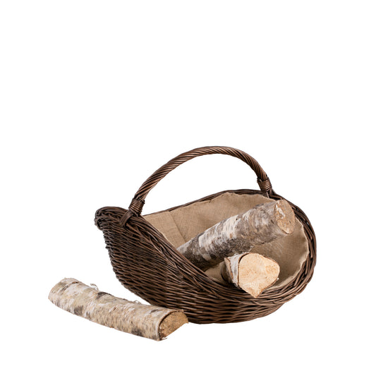 wicker log basket for the fireplace with jute trim, with a handle