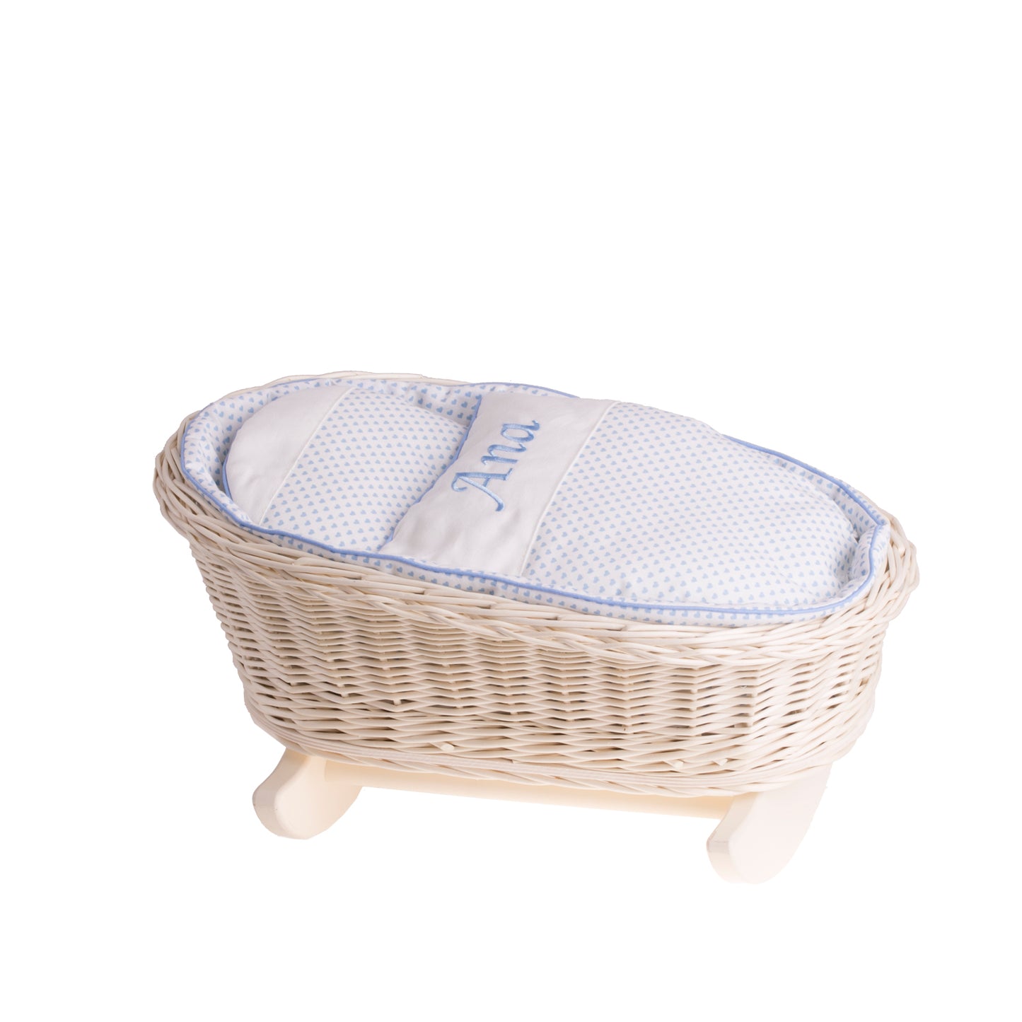 Mimi culla in vimini per bambole con personalizzazione, fodera blu, cuscino e piumone TheWickerStories