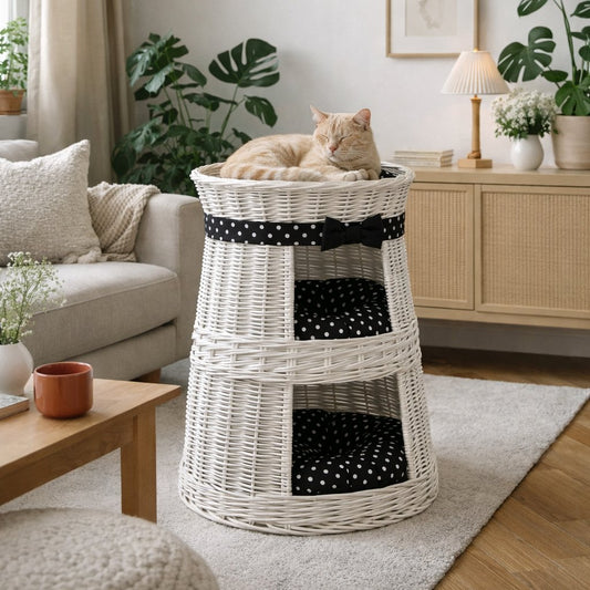 three-level wicker cat house with black cushions