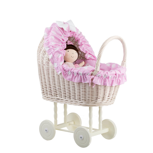 Lulu wicker doll stroller with pink trim, blanket, and pillow TheWickerStories