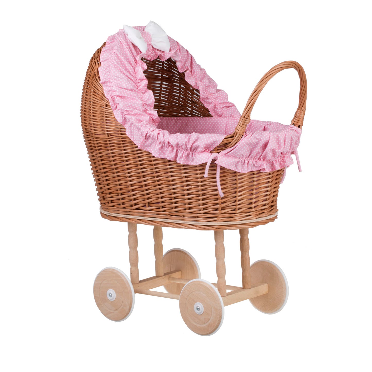 Lulu coche de mimbre para muñecas con ribete rosa, edredón y almohada