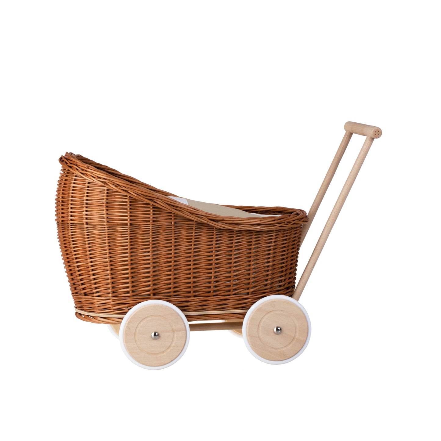 Luna punottu nukkekärry beige-reunuksilla, peitolla ja tyynyllä