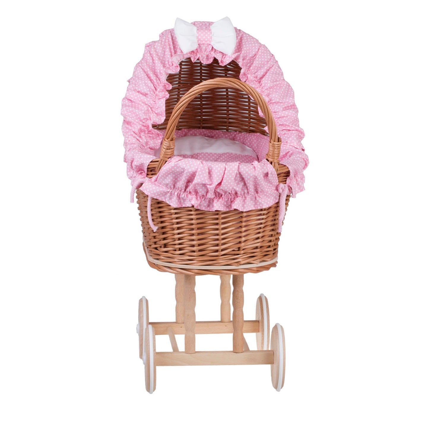Lulu coche de mimbre para muñecas con ribete rosa, edredón y almohada