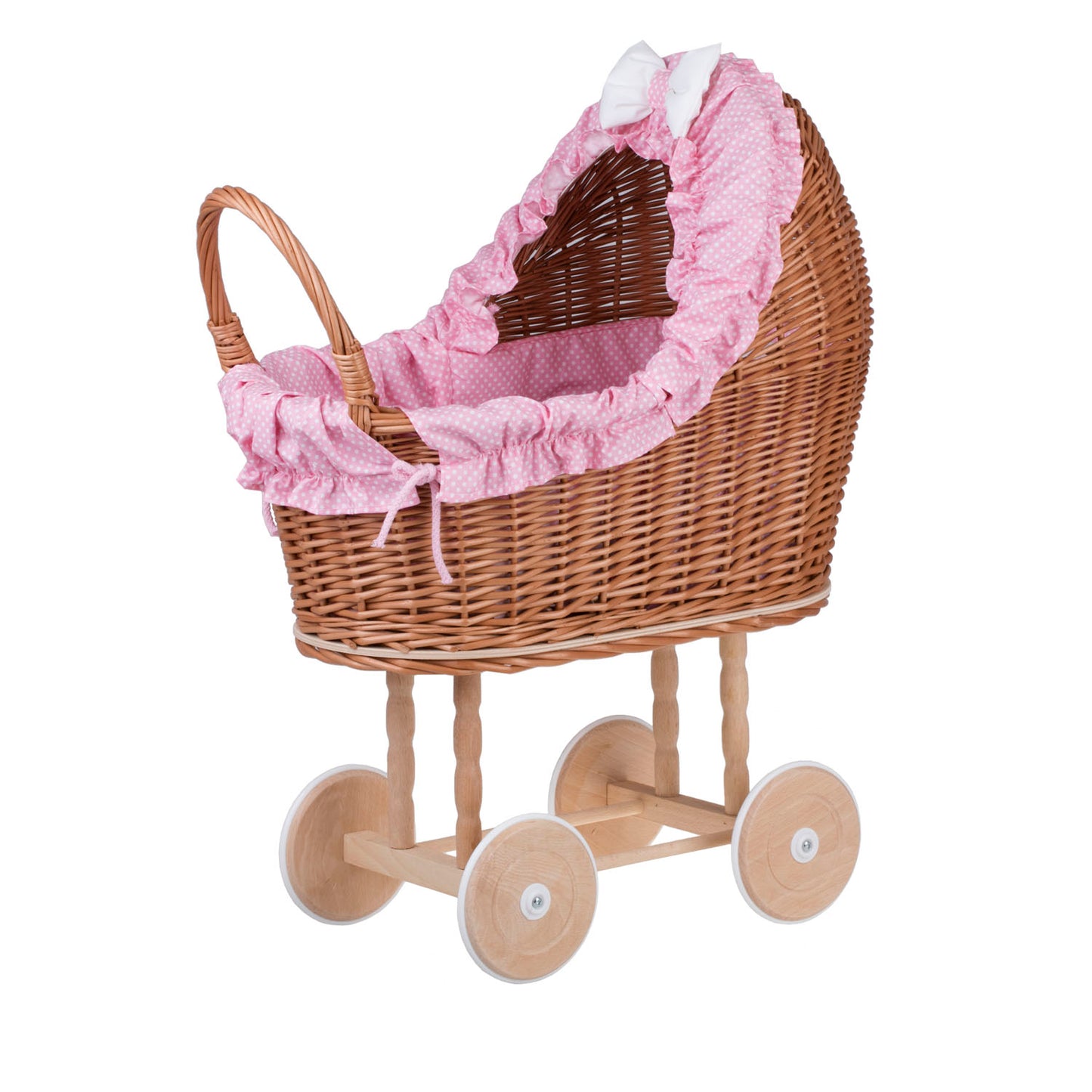 Lulu coche de mimbre para muñecas con ribete rosa, edredón y almohada