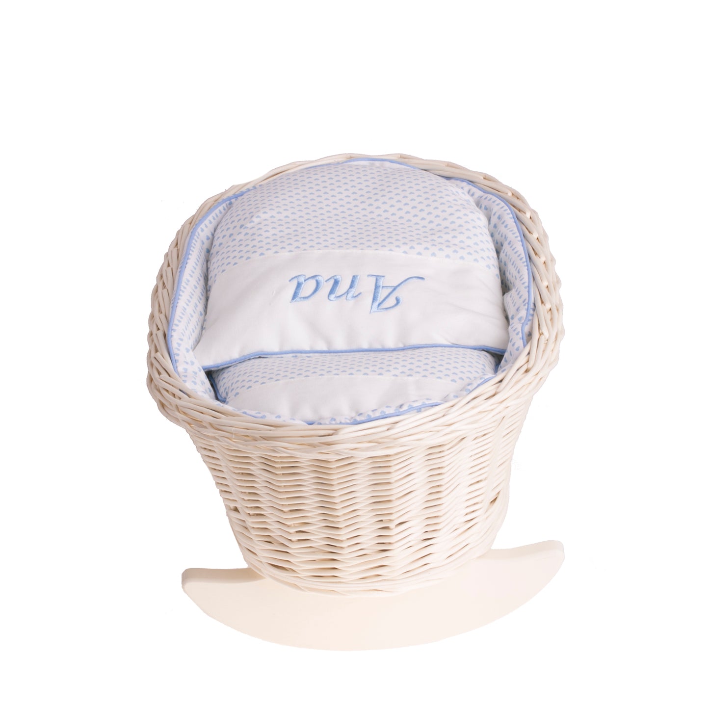 Mimi pletena zibelka za punčke s personalizacijo, modra podloga, blazina in odeja