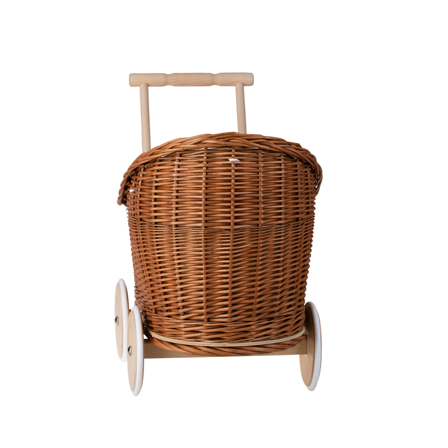 Luna punottu nukkekärry beige-reunuksilla, peitolla ja tyynyllä