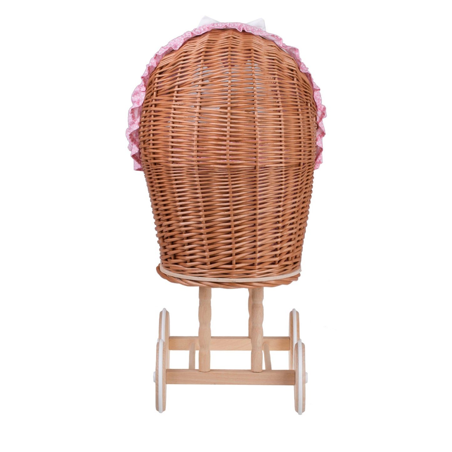 Lulu coche de mimbre para muñecas con ribete rosa, edredón y almohada