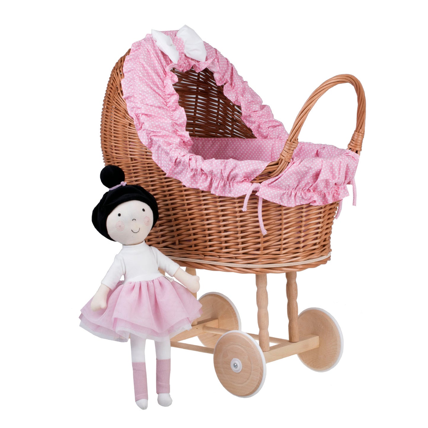 Lulu coche de mimbre para muñecas con ribete rosa, edredón y almohada