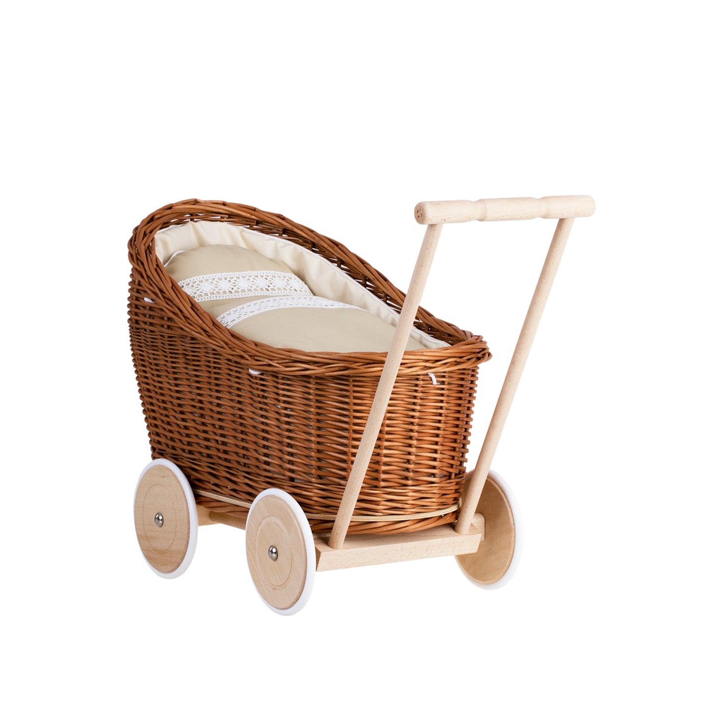 Luna punottu nukkekärry beige-reunuksilla, peitolla ja tyynyllä