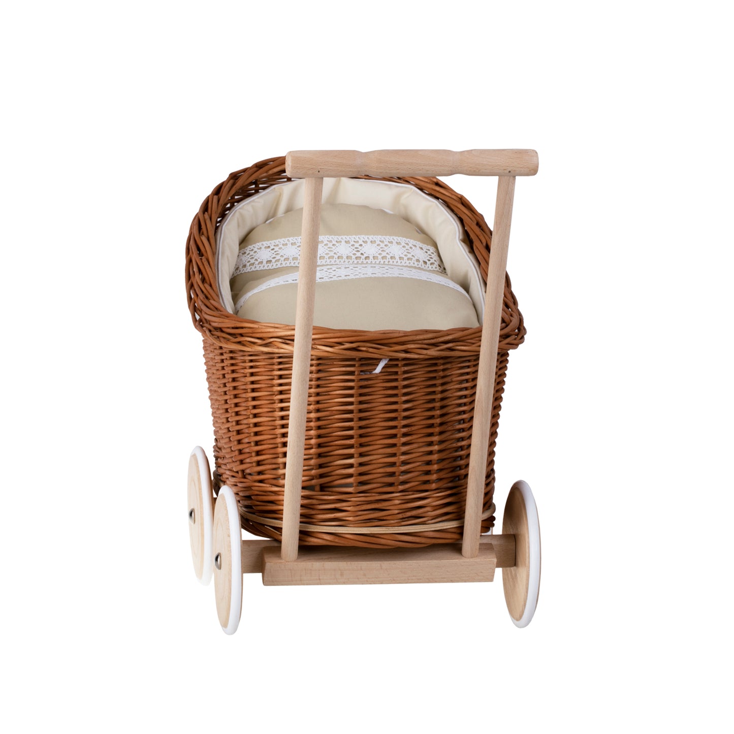 Luna punottu nukkekärry beige-reunuksilla, peitolla ja tyynyllä