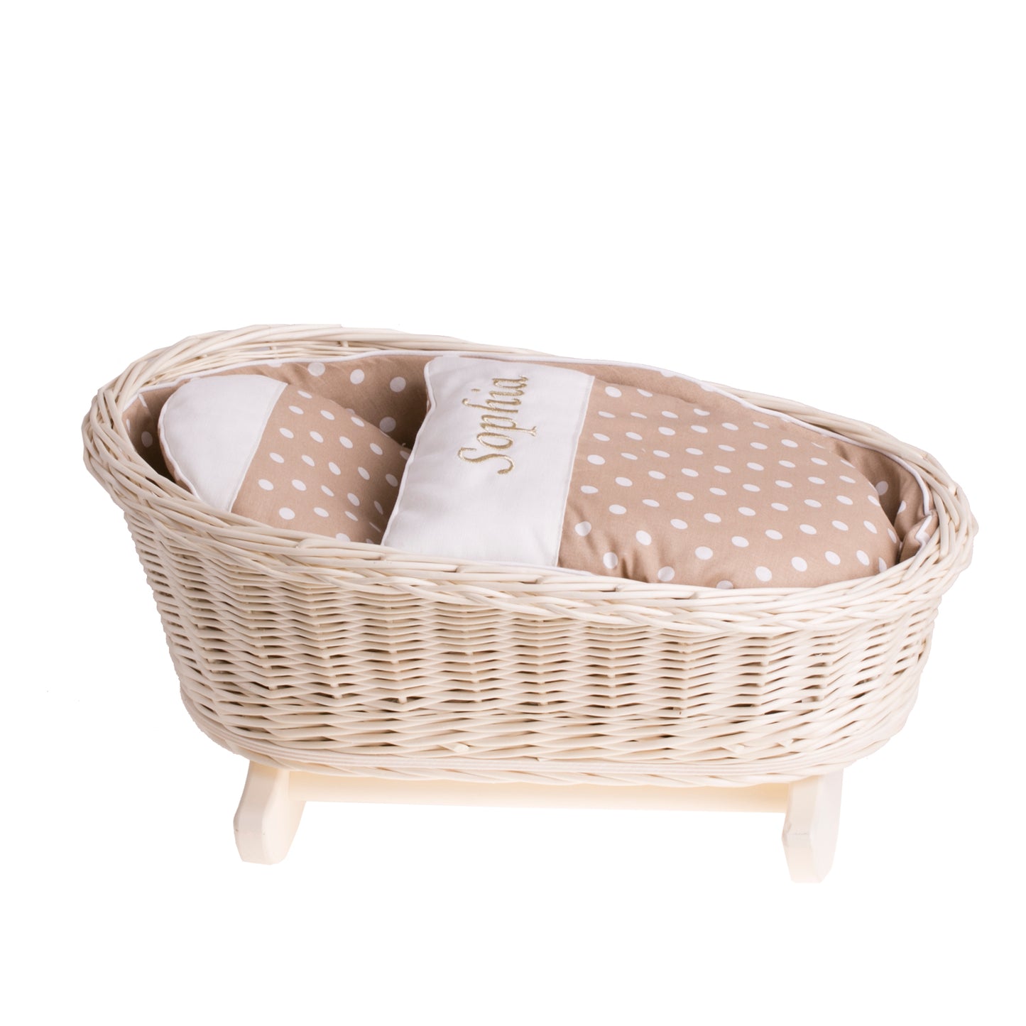 Mimi rotting vagga för dockor med personalisering, beige foder, kudde och täcke