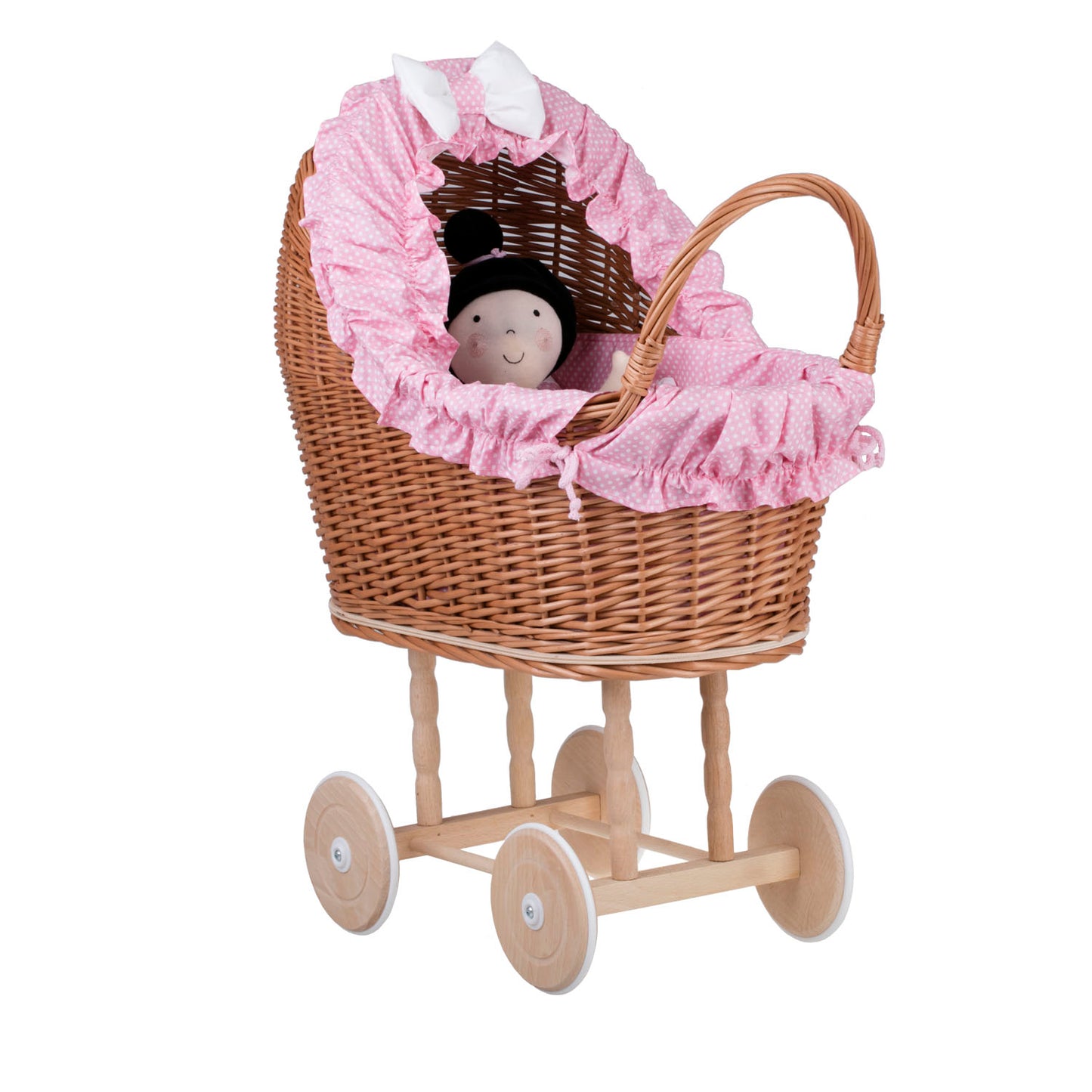 Lulu coche de mimbre para muñecas con ribete rosa, edredón y almohada