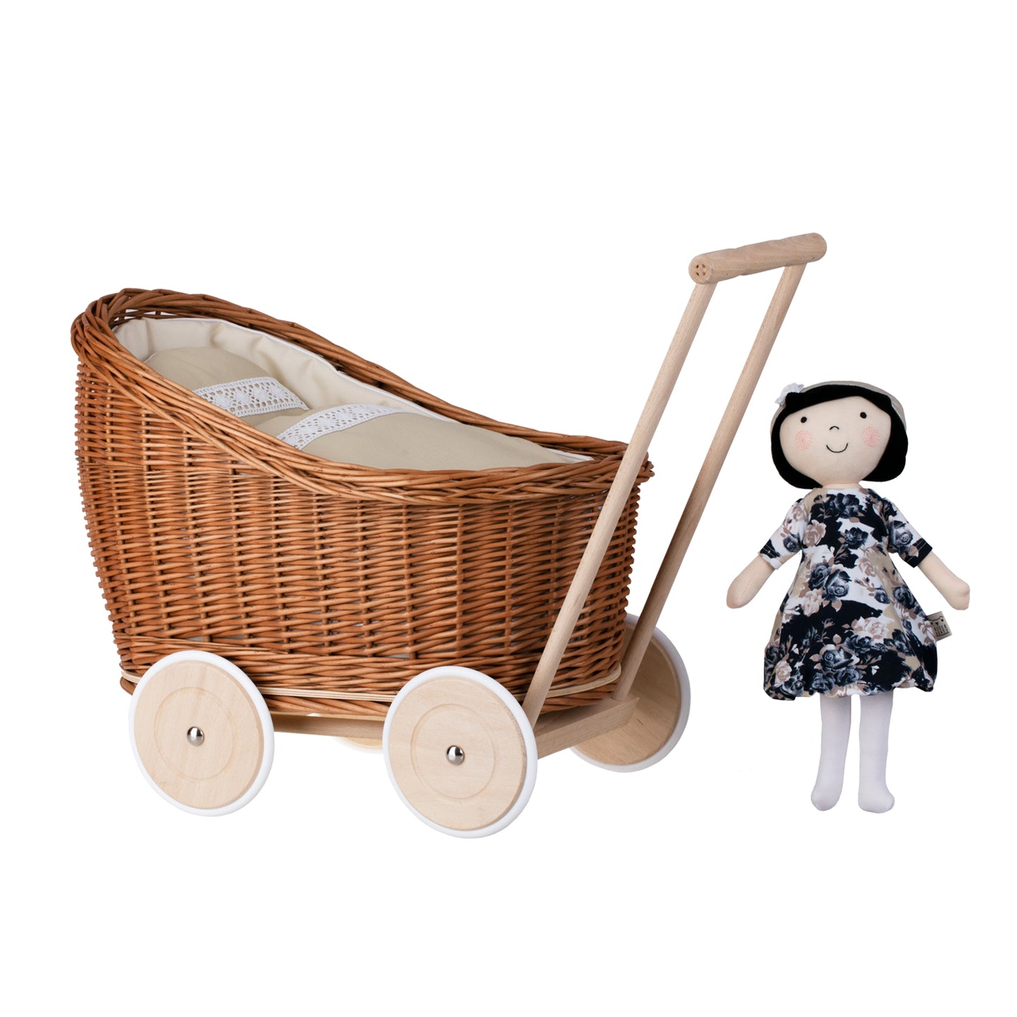 Luna punottu nukkekärry beige-reunuksilla, peitolla ja tyynyllä