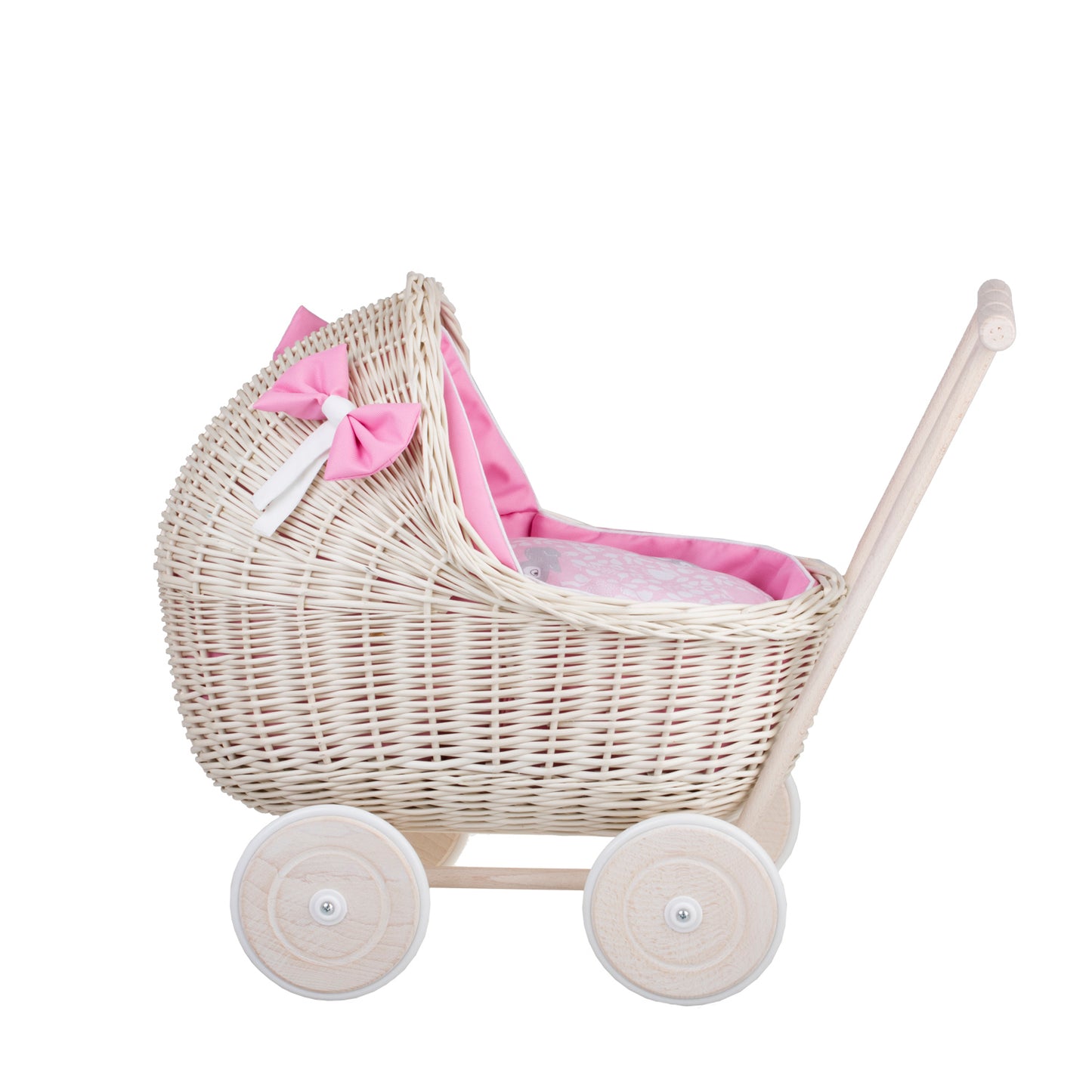 Lili wicker doll stroller with pink trim, blanket, and pillow