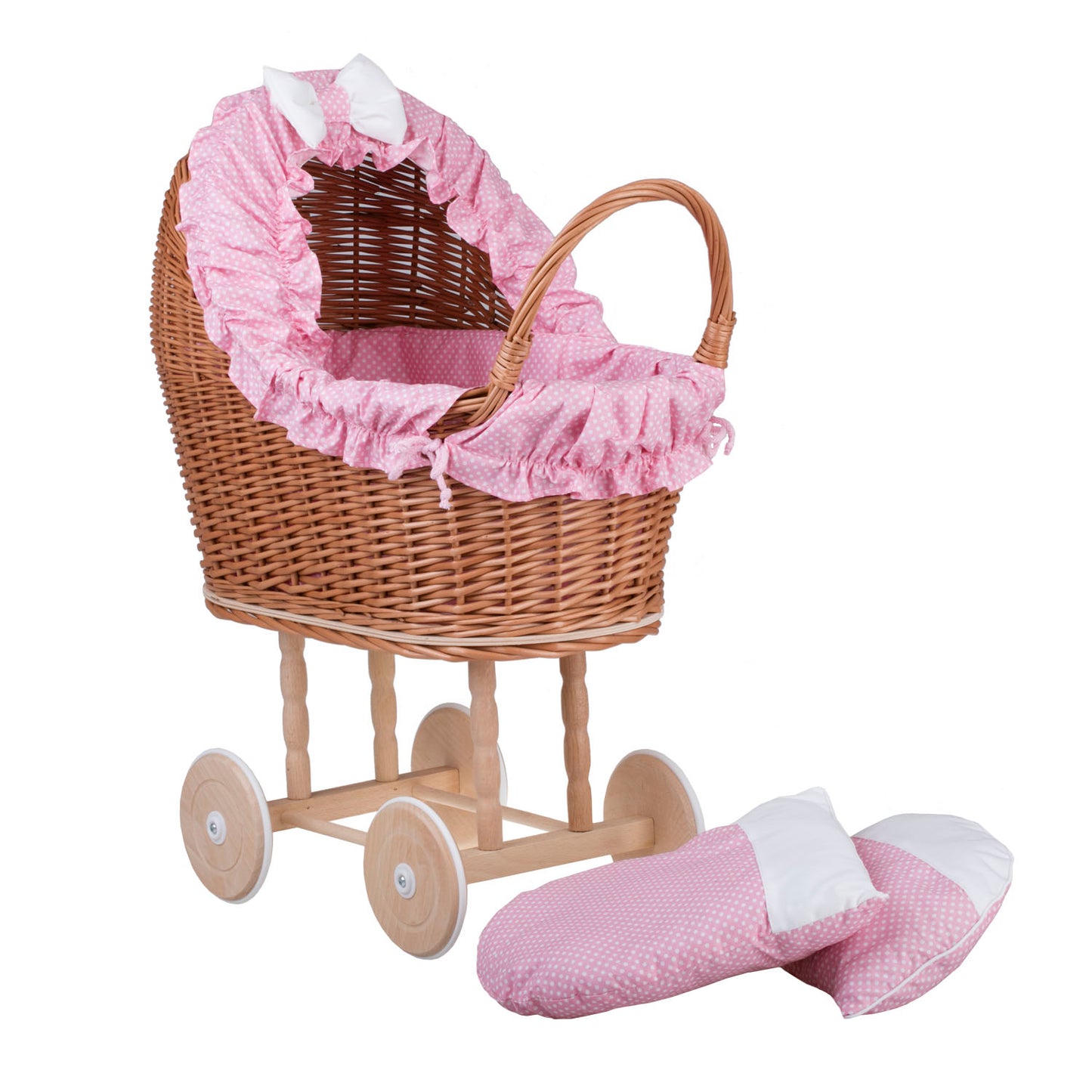 Lulu coche de mimbre para muñecas con ribete rosa, edredón y almohada