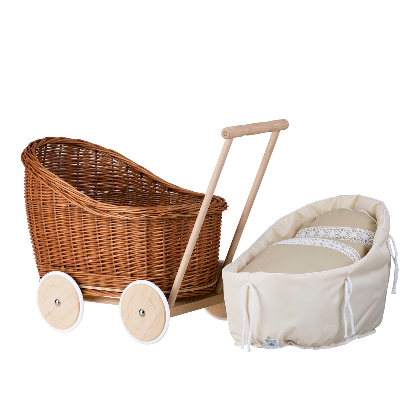 Luna punottu nukkekärry beige-reunuksilla, peitolla ja tyynyllä
