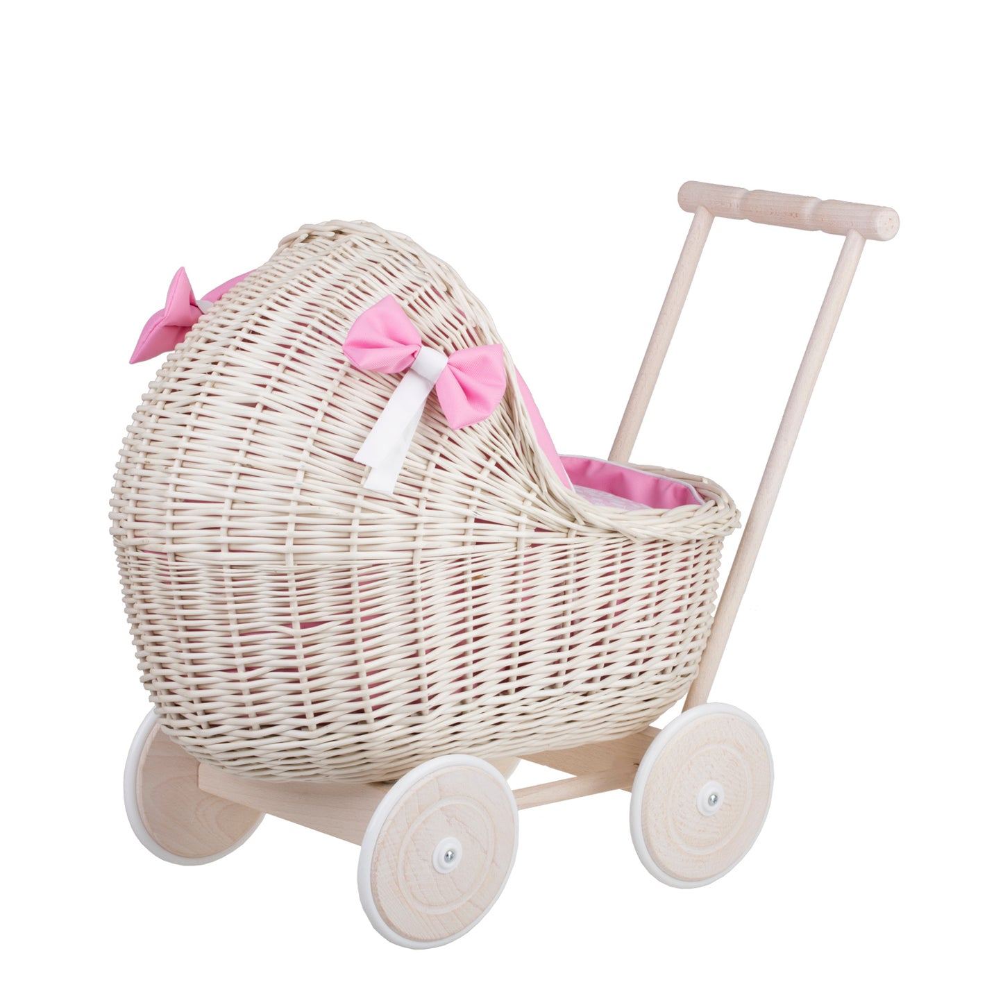Lili wicker doll stroller with pink trim, blanket, and pillow
