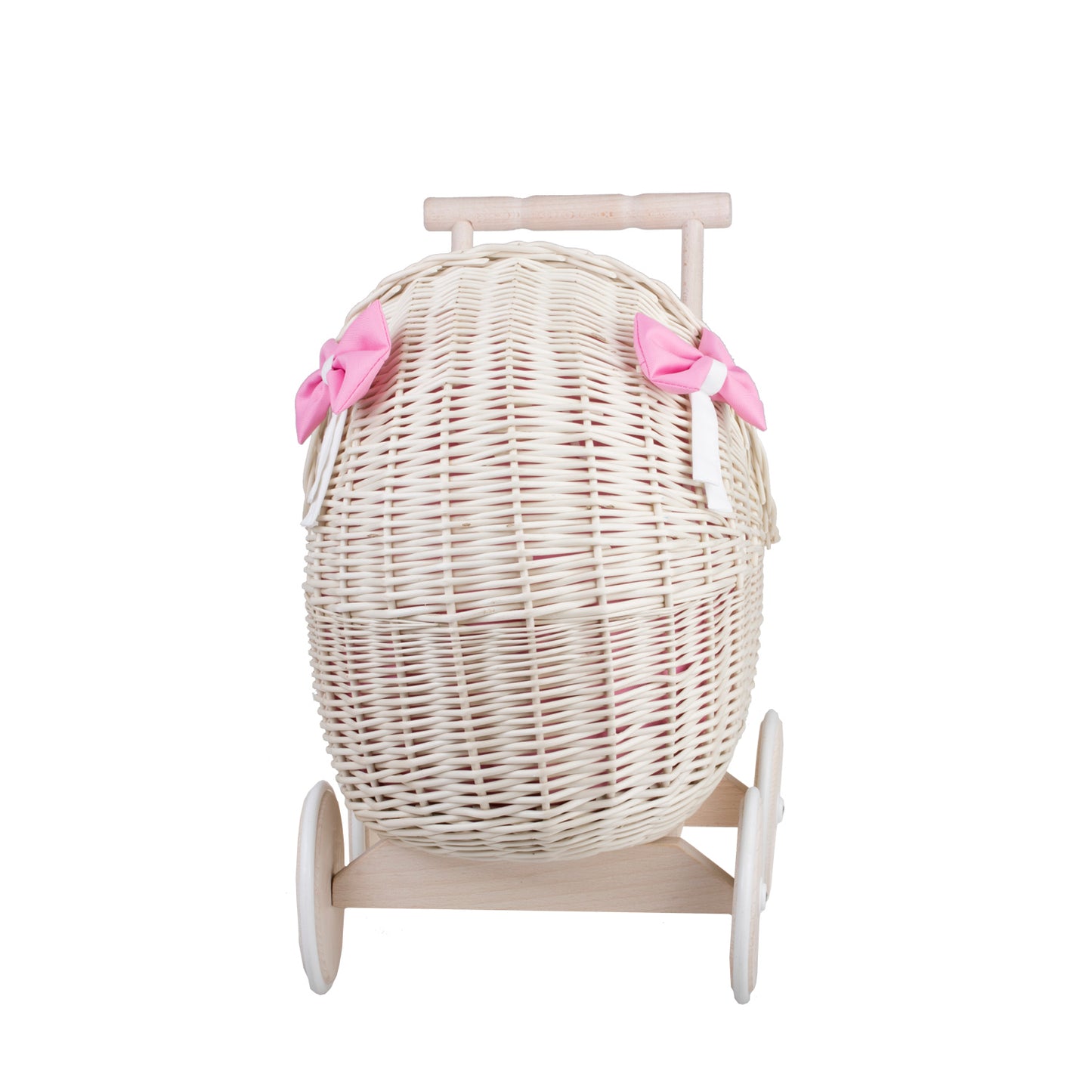 Lili wicker doll stroller with pink trim, blanket, and pillow