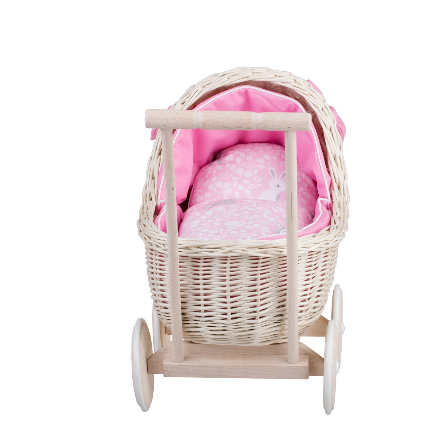 Lili wicker doll stroller with pink trim, blanket, and pillow