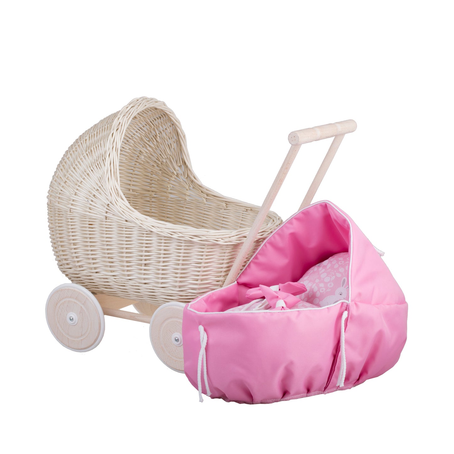 Lili wicker doll stroller with pink trim, blanket, and pillow