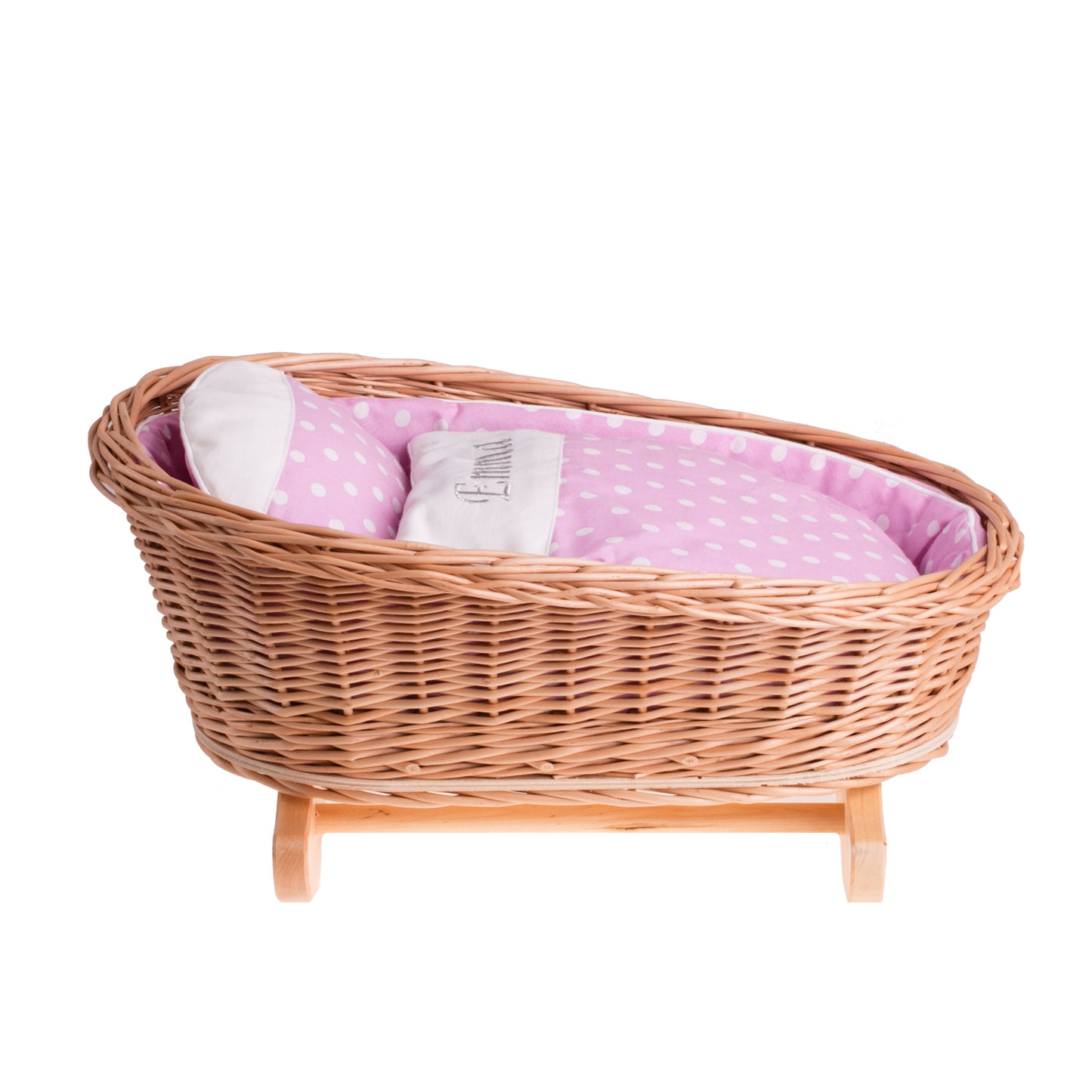 Mimi proutěná kolébka pro panenky s personalizací, růžovým potahem, polštářkem a přikrývkou TheWickerStories