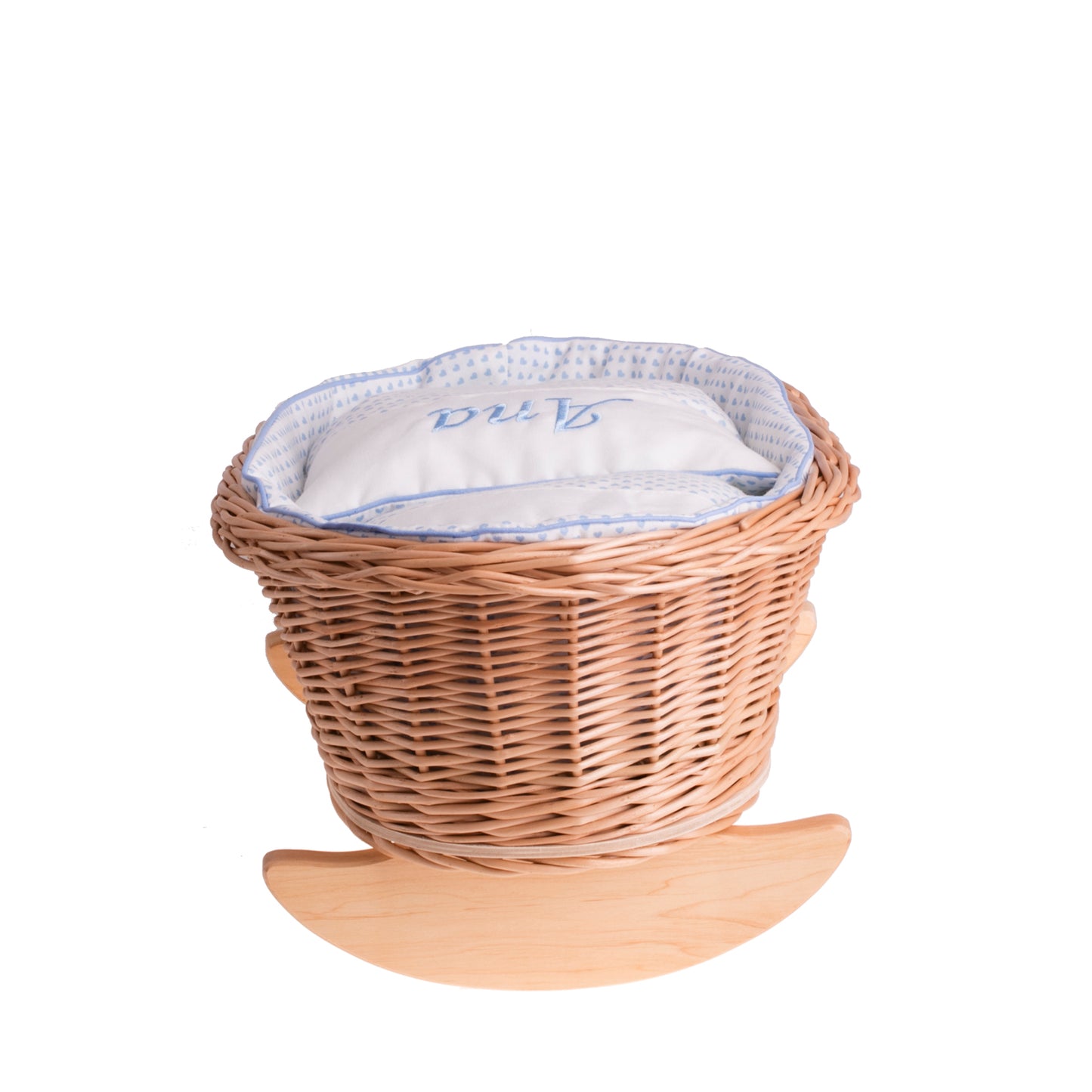 Mimi fonott bölcső babáknak személyre szabással, kék bélés, párna és takaró TheWickerStories