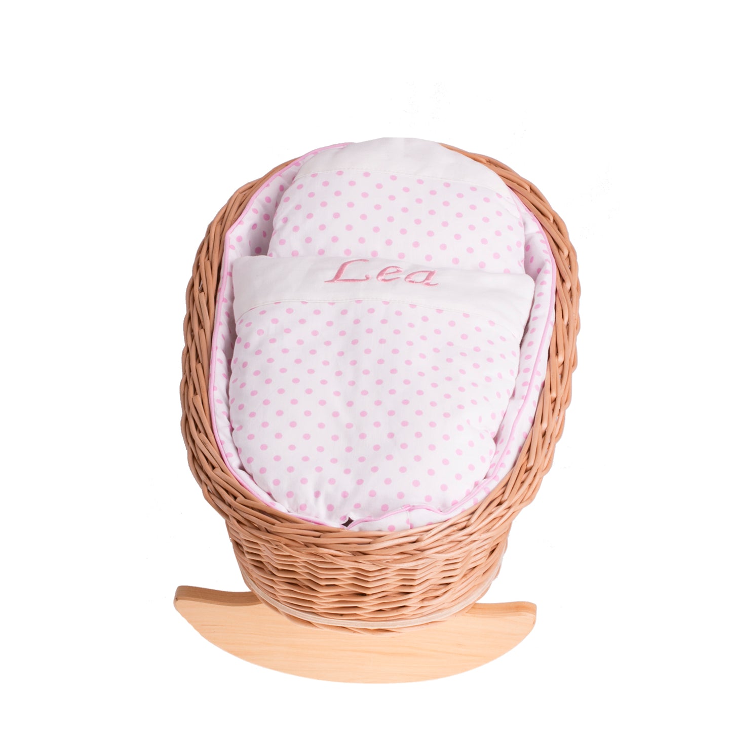 Mimi pletena zibelka za punčke s personalizacijo, roza podloga, blazina in odeja