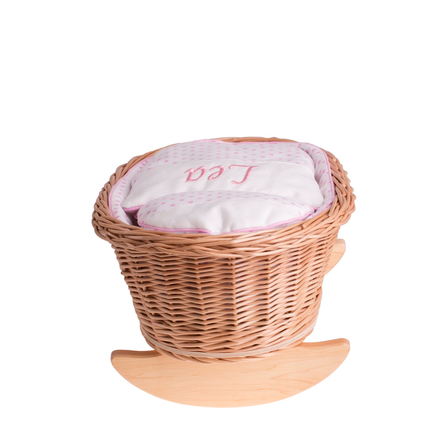 Mimi pletena zibelka za punčke s personalizacijo, roza podloga, blazina in odeja
