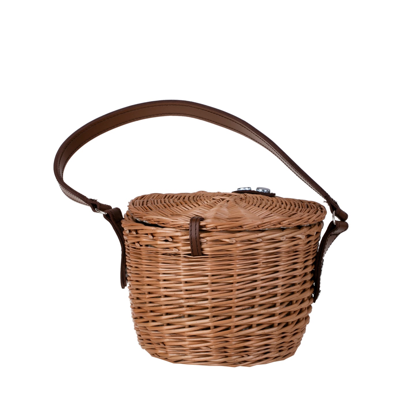 Rivora Rieten schoudertas met deksel en leren riem