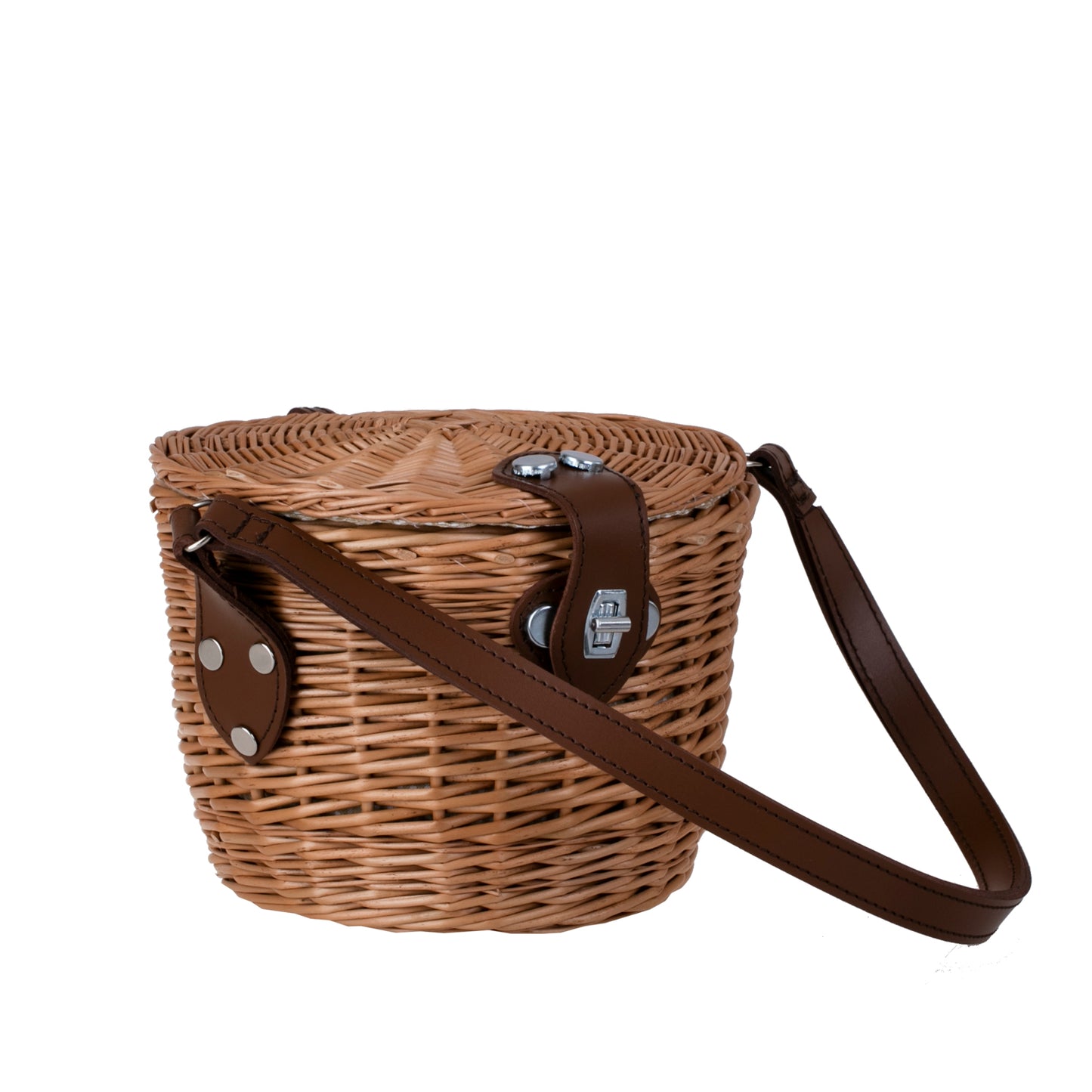 Rivora Rieten schoudertas met deksel en leren riem