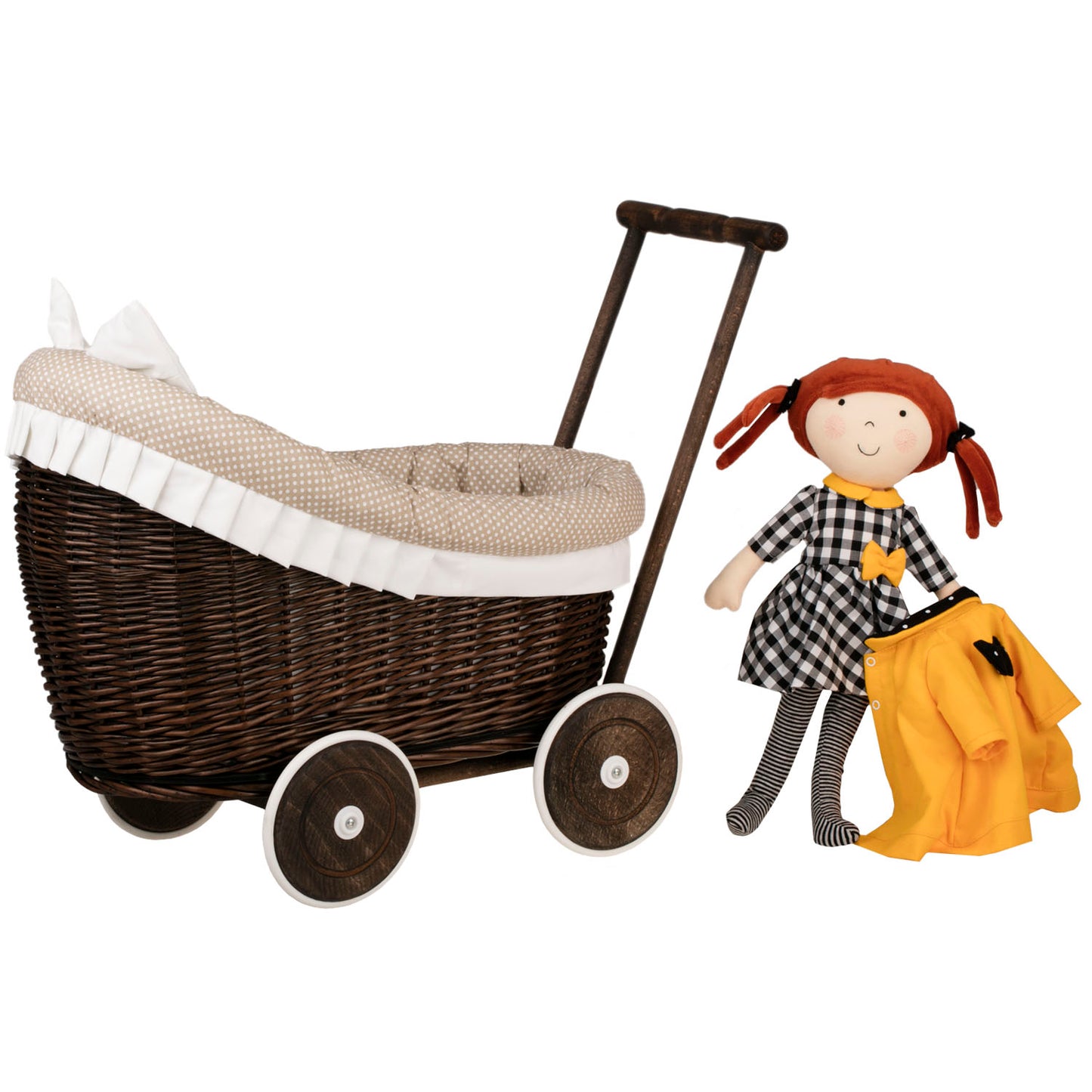 Luna wicker doll stroller with beige trim, blanket, and pillow